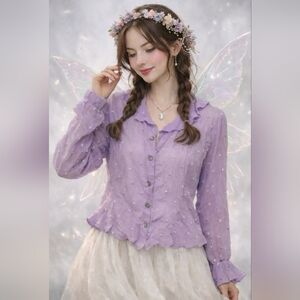 Worthington Womens M Purple Swiss Dot 100% Silk Blouse Fairy Cottage Romantic